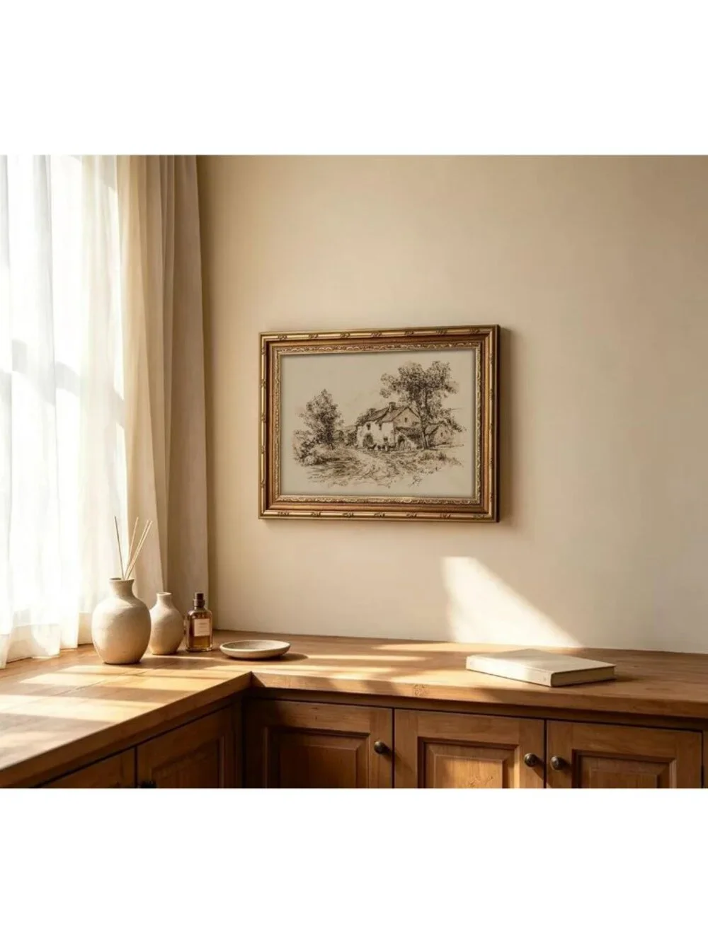 Vintage Gold Framed Rustic Landscape Wall Art, Antique Tree Grove Canvas Print